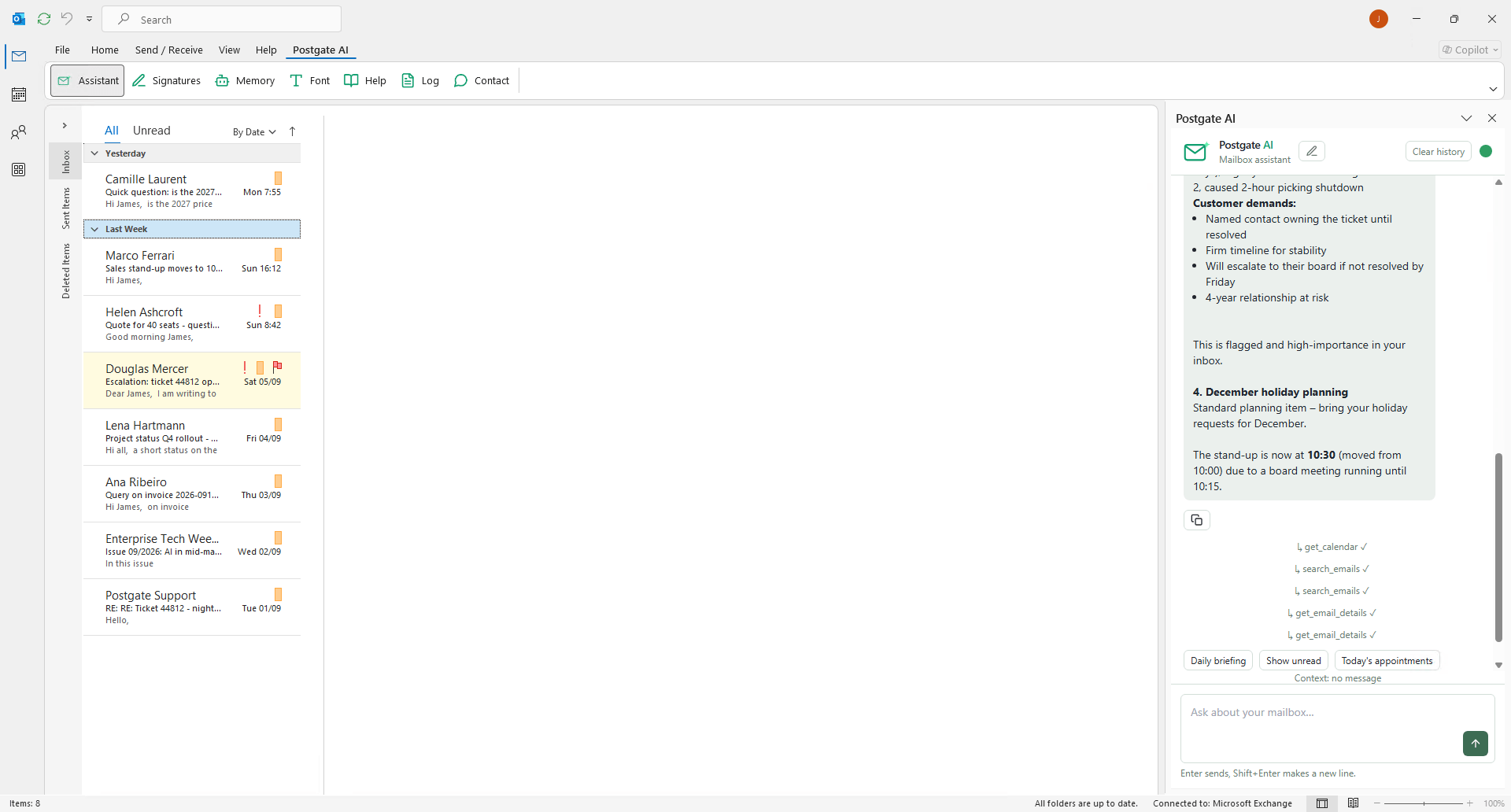 Outlook with a message open and the assistant beside it listing the points for the weekly meeting from several email threads