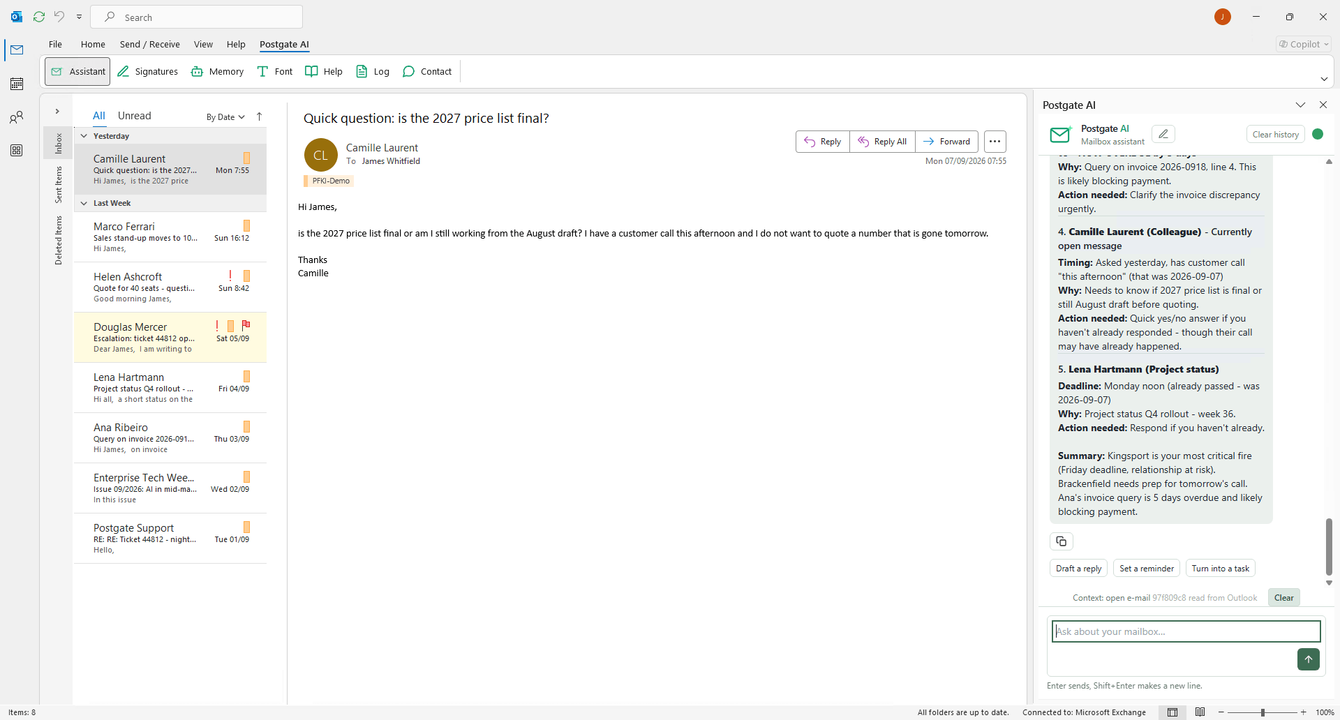 Outlook with the assistant listing the most important messages of the day by urgency
