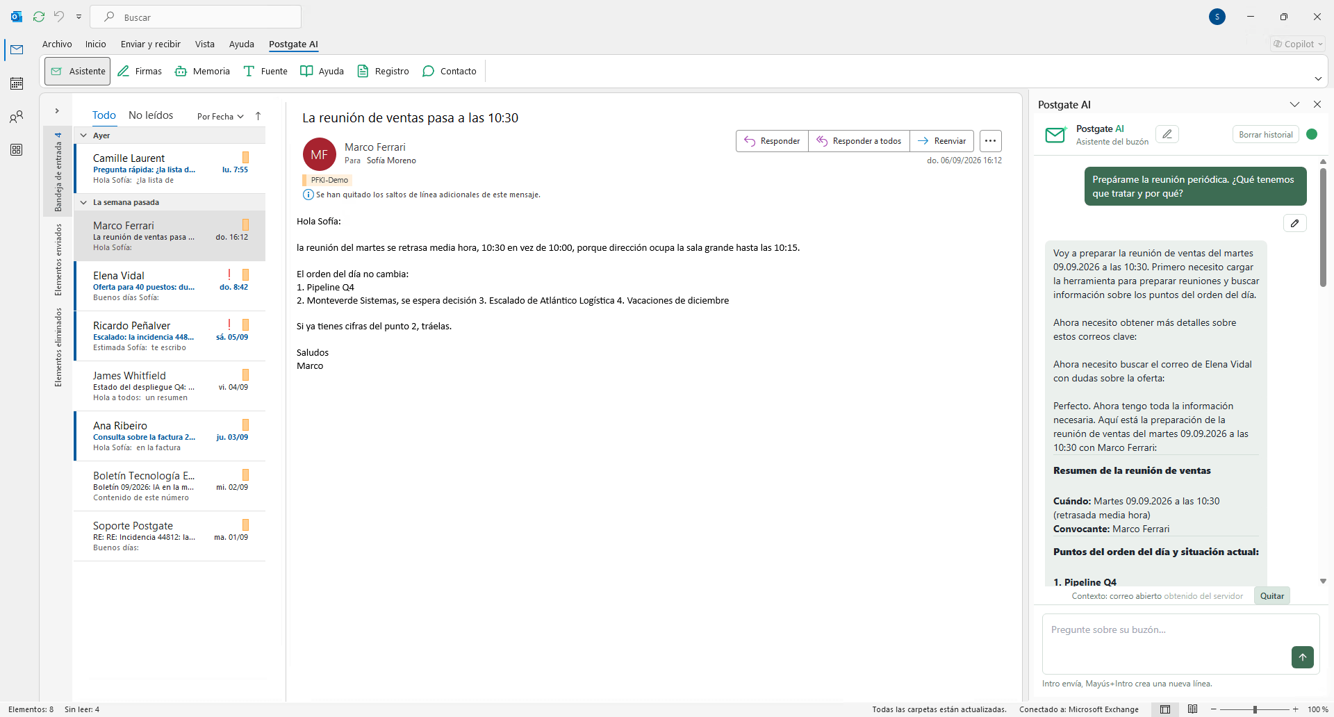 Outlook con un correo abierto y, al lado, el asistente con los puntos de la reunión semanal sacados de varios hilos de correo