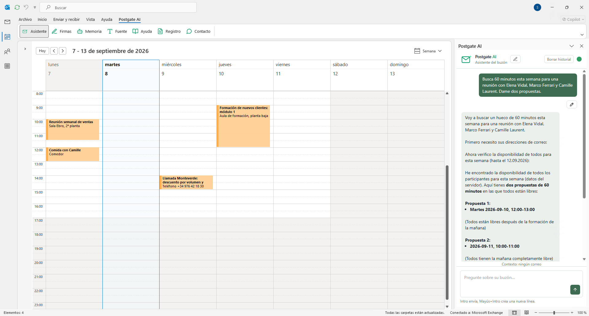 Outlook en la vista semanal y, al lado, el asistente con dos horas libres para hablar con tres compañeros