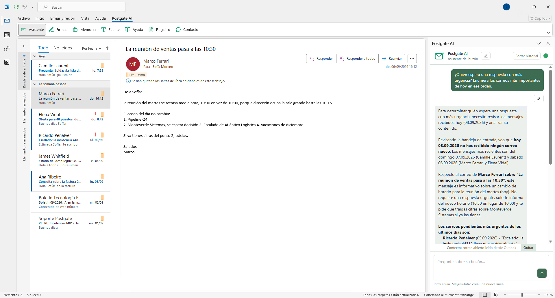 Outlook con el asistente enumerando por urgencia los correos más importantes del día