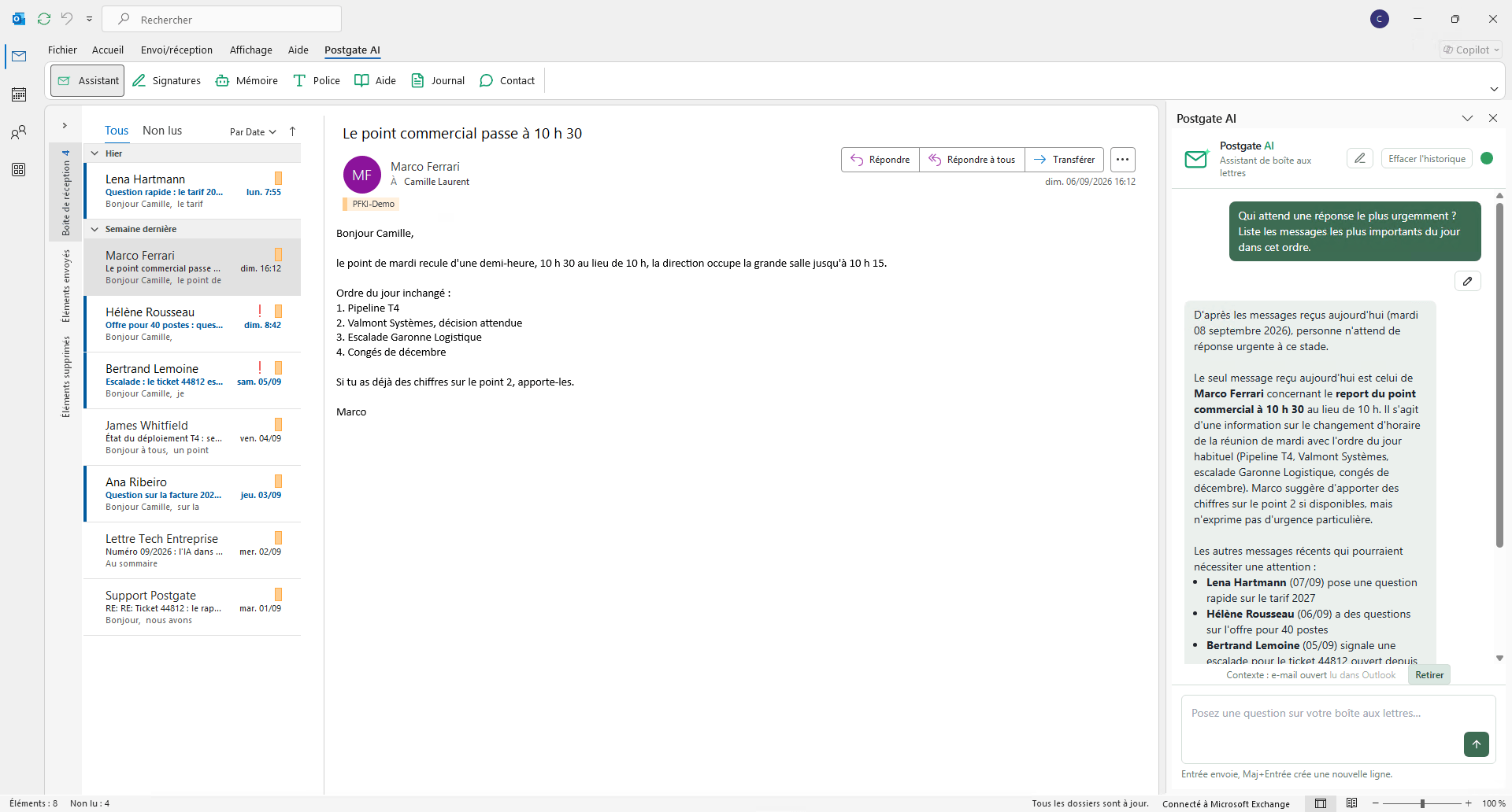 Outlook avec l’assistant qui liste les messages les plus importants de la journée par ordre d’urgence