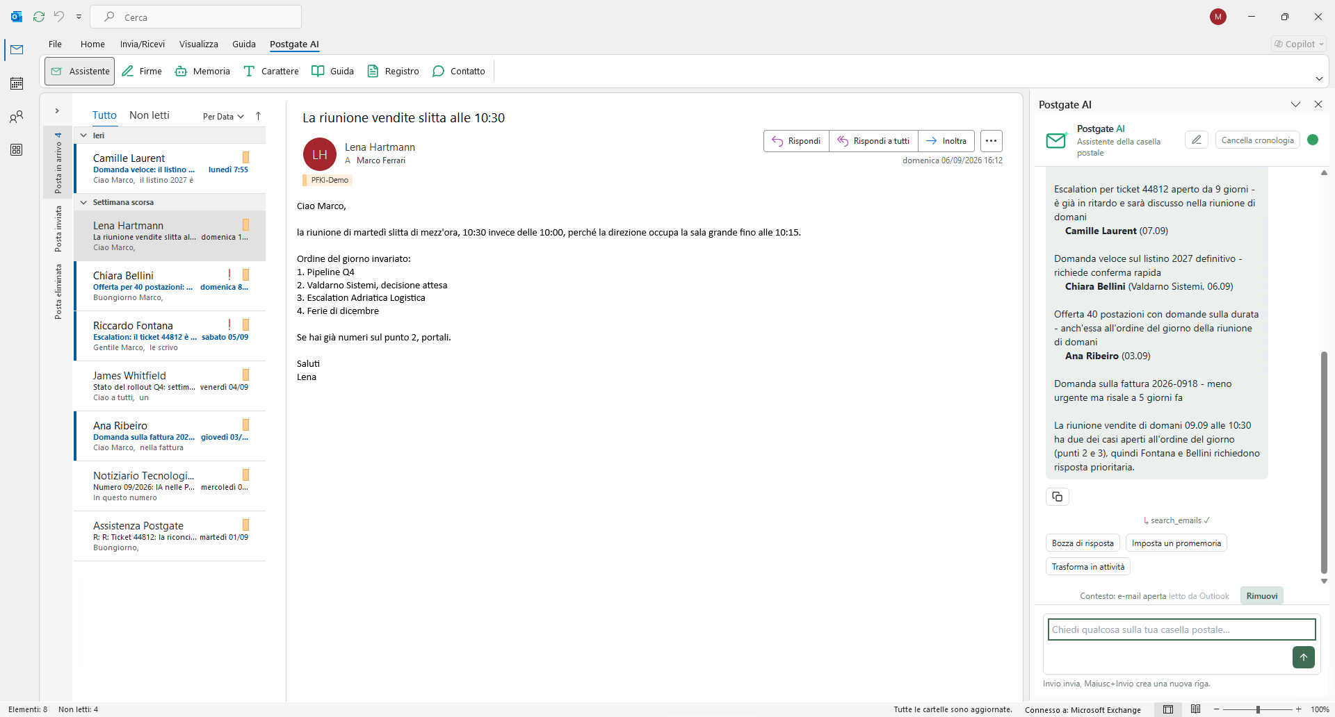 Outlook con l’assistente che elenca per urgenza le mail più importanti della giornata