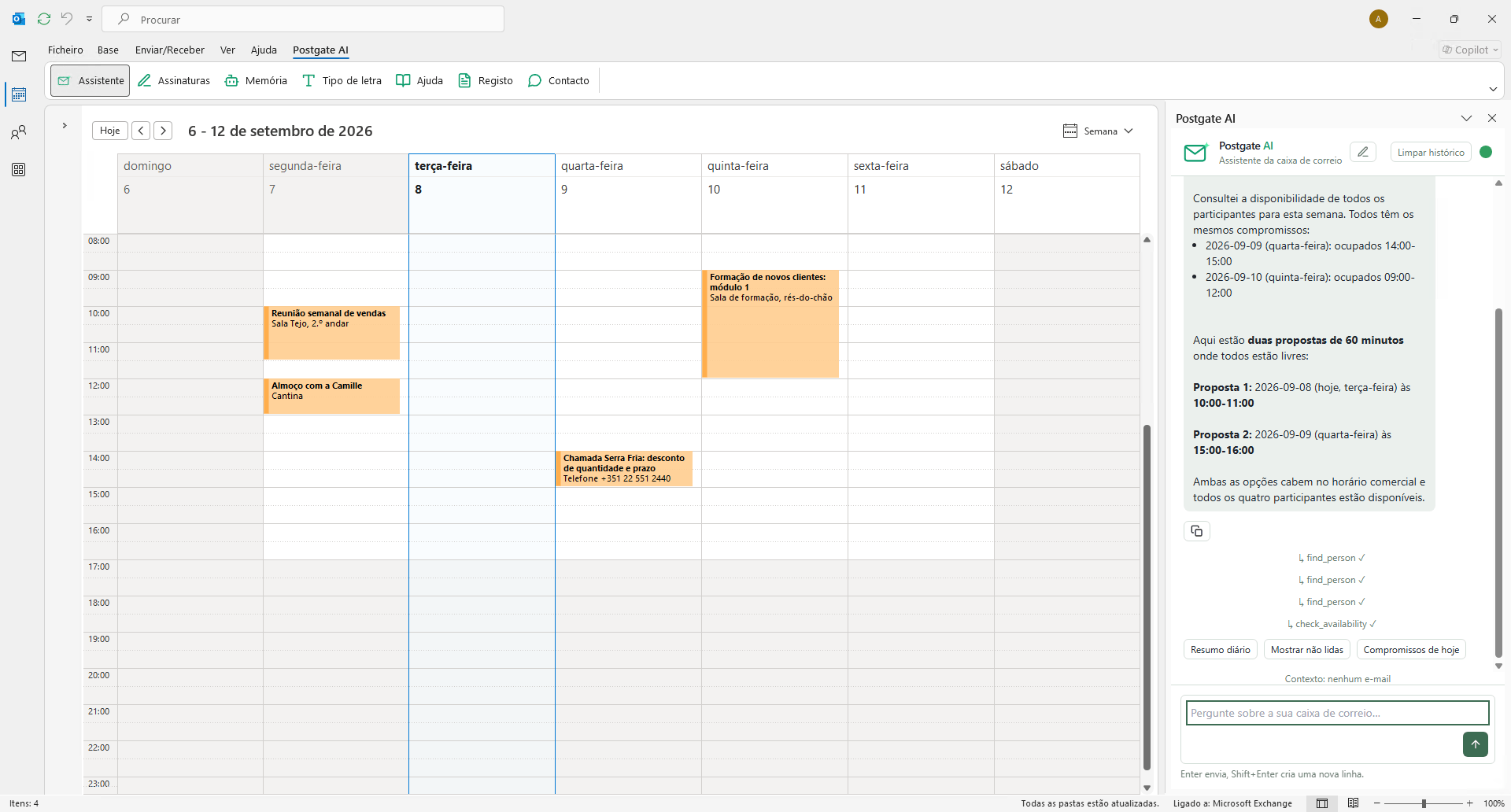 Outlook na vista semanal do calendário e, ao lado, o assistente com duas horas livres para uma conversa com três colegas