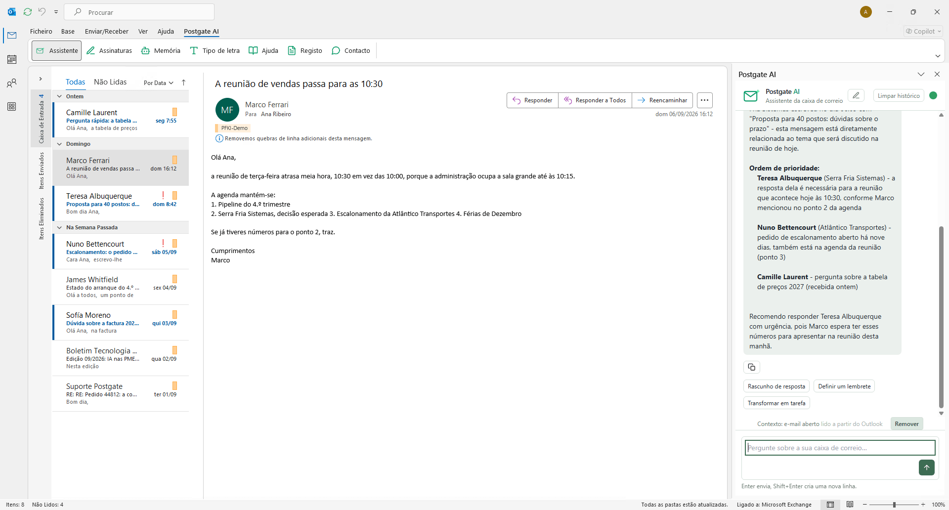 Outlook com o assistente a enumerar as mensagens mais importantes do dia por ordem de urgência