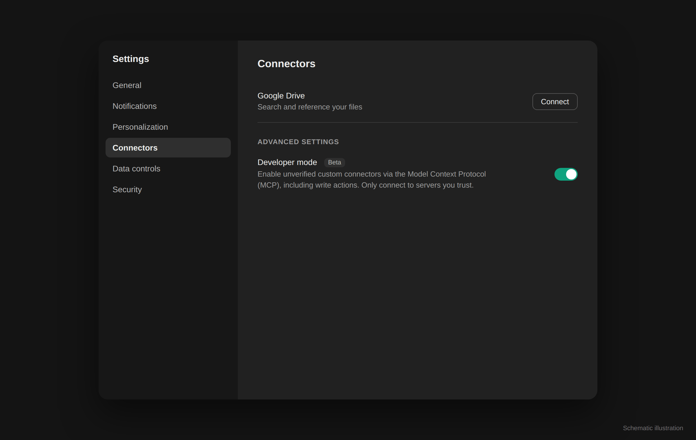 ChatGPT settings: Connectors with developer mode enabled under advanced settings