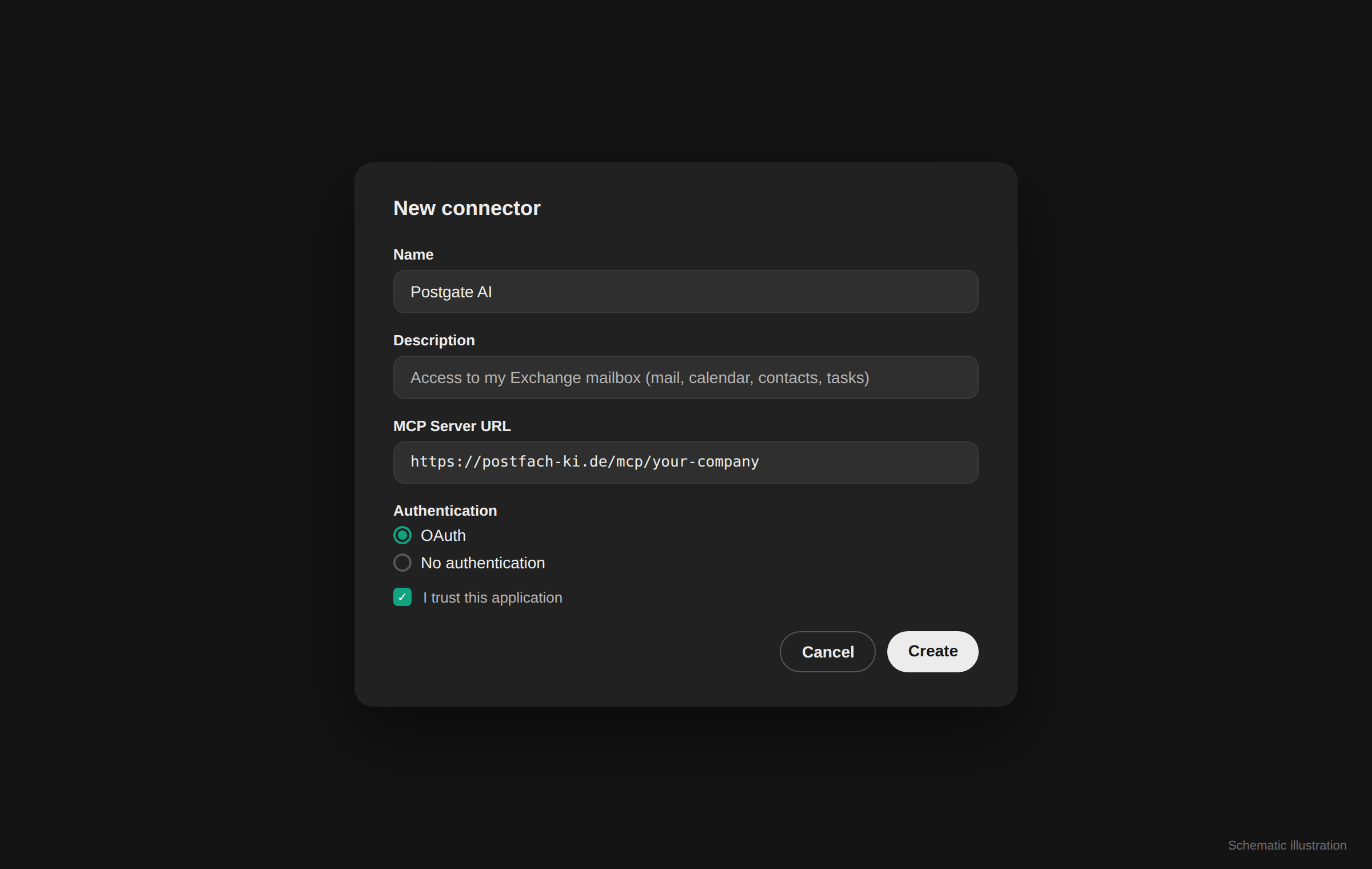 ChatGPT "New connector" form with name, MCP server URL and OAuth selected