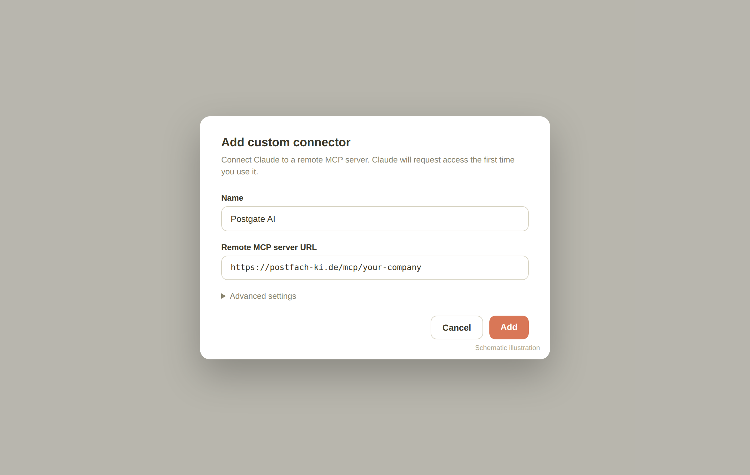 Claude "Add custom connector" dialog with name and MCP address filled in