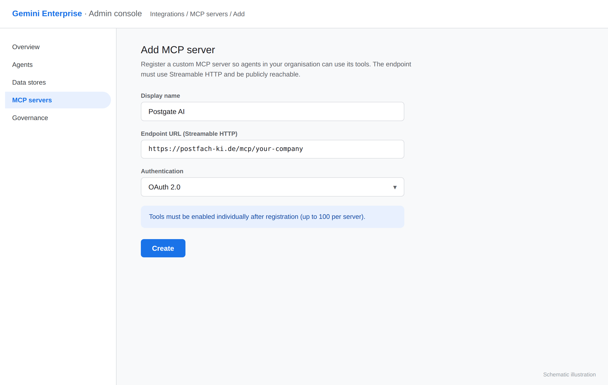 Gemini Enterprise console: form for registering a custom MCP server