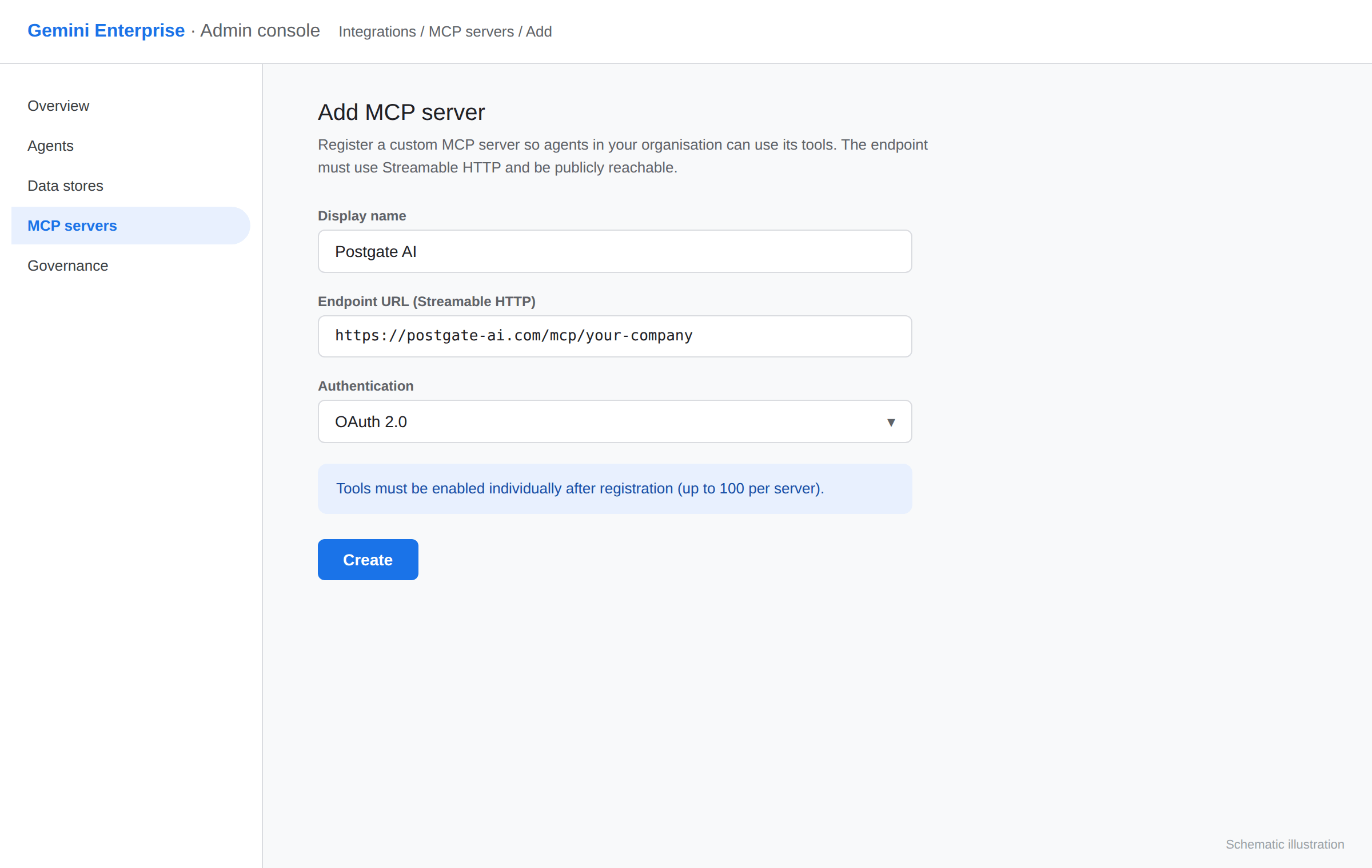 Console Gemini Enterprise : formulaire d’un serveur MCP personnalisé (point d’accès, OAuth 2.0)