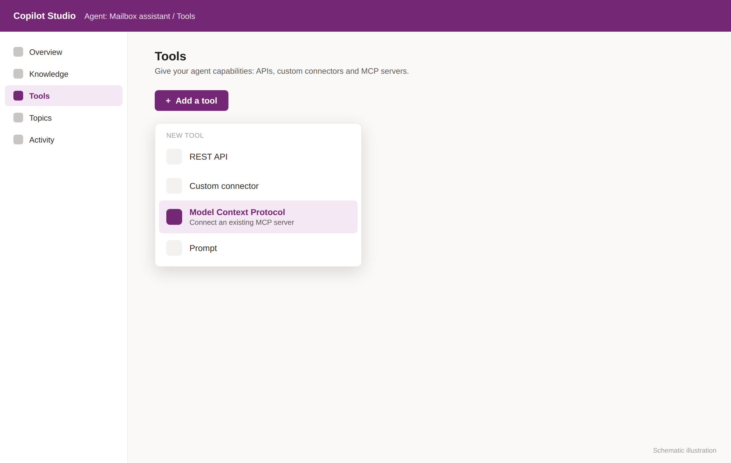 Copilot Studio: Tools tab, "Add a tool" with "Model Context Protocol" option
