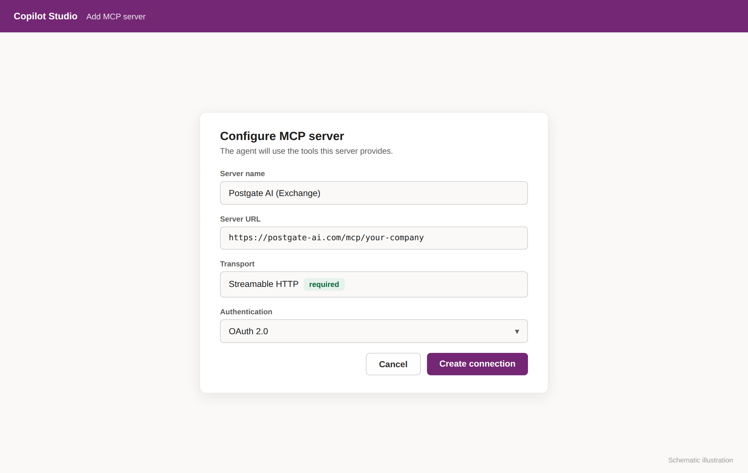 Copilot Studio: configure MCP server - server name, server URL, Streamable HTTP, OAuth 2.0