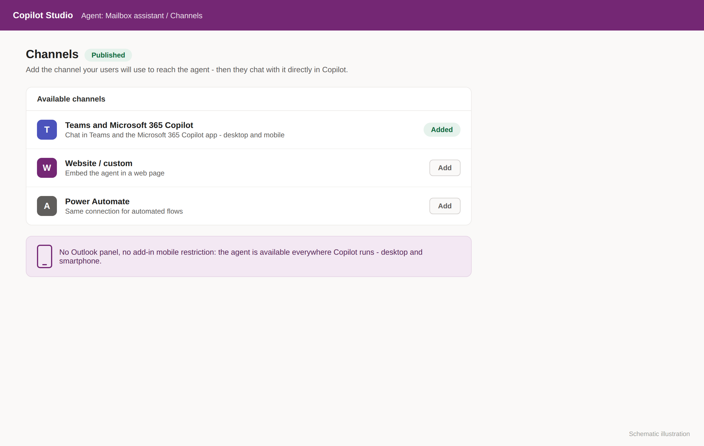 Copilot Studio: Channels - "Teams and Microsoft 365 Copilot" added, desktop and mobile