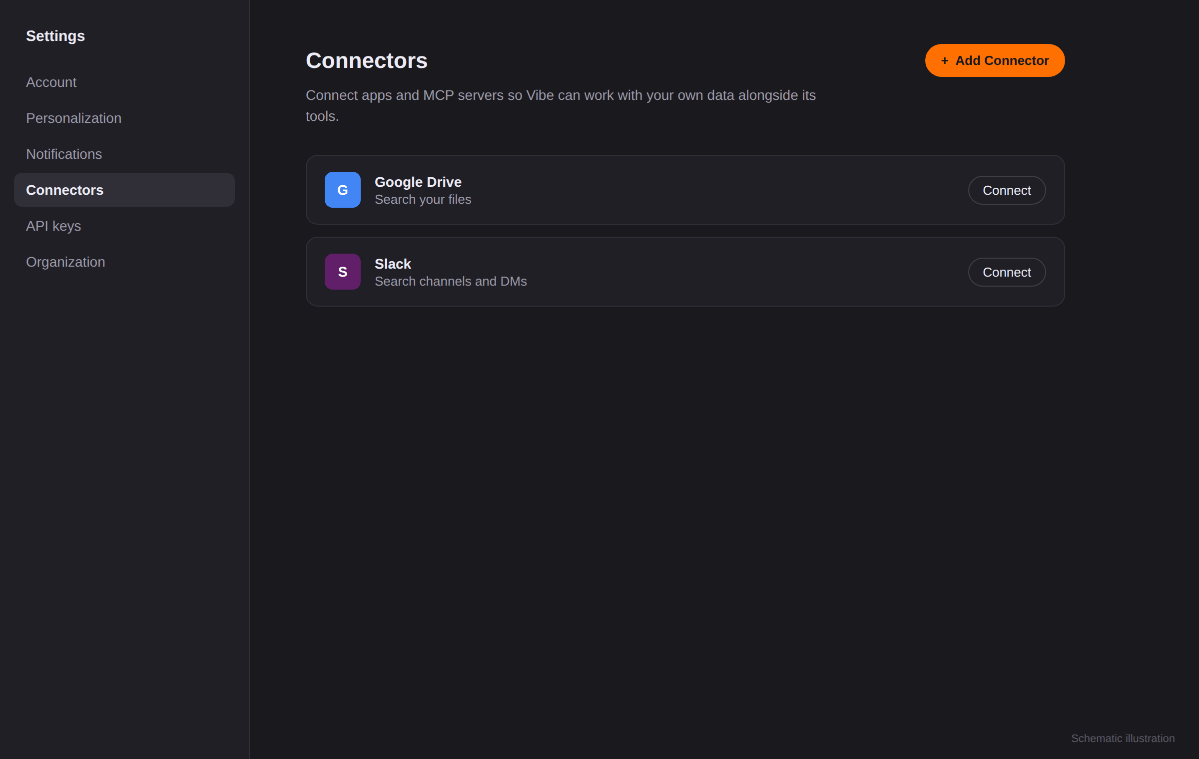 Vibe settings: Connectors section with "+ Add Connector" button