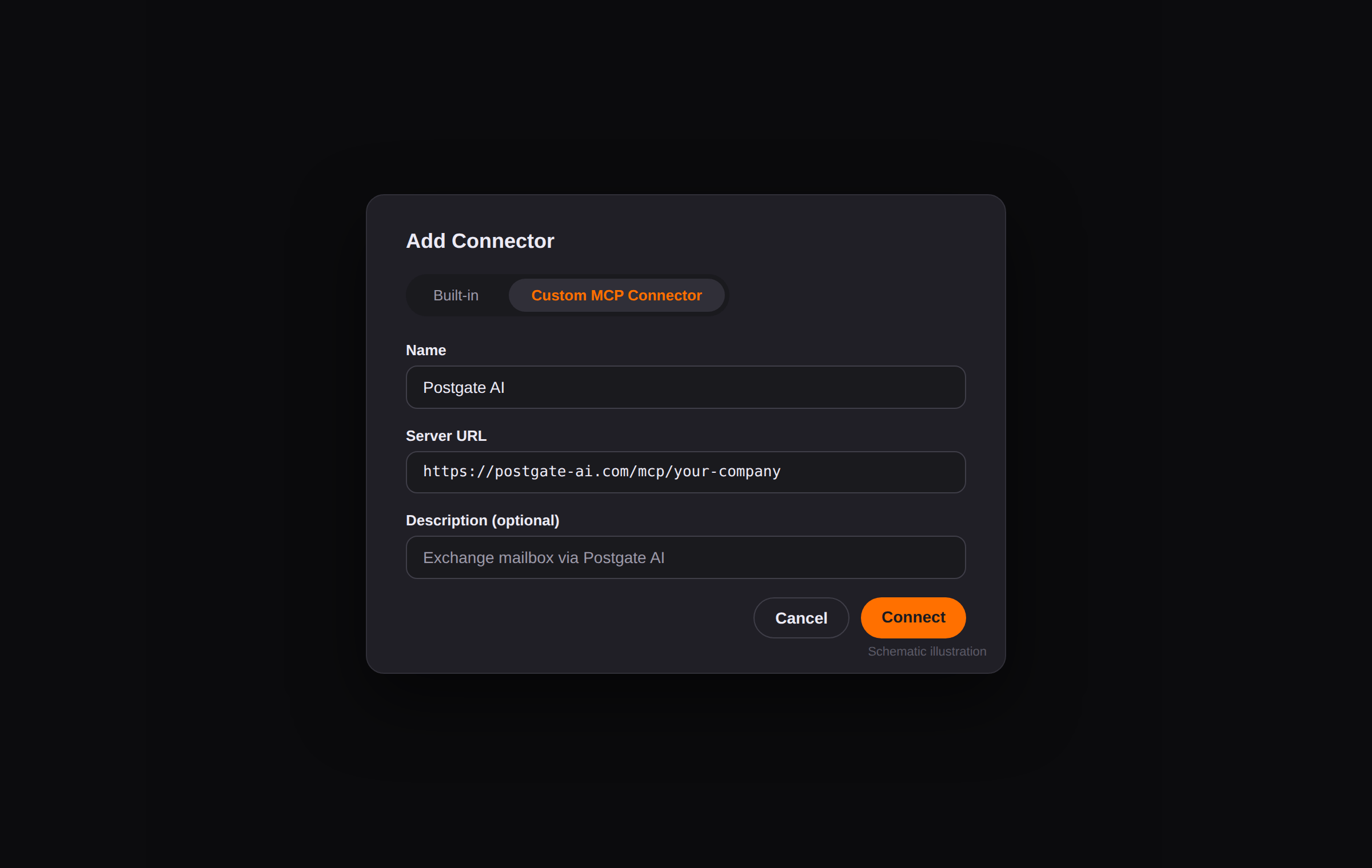 Vibe "Add Connector" dialog with Custom MCP Connector tab and server URL filled in