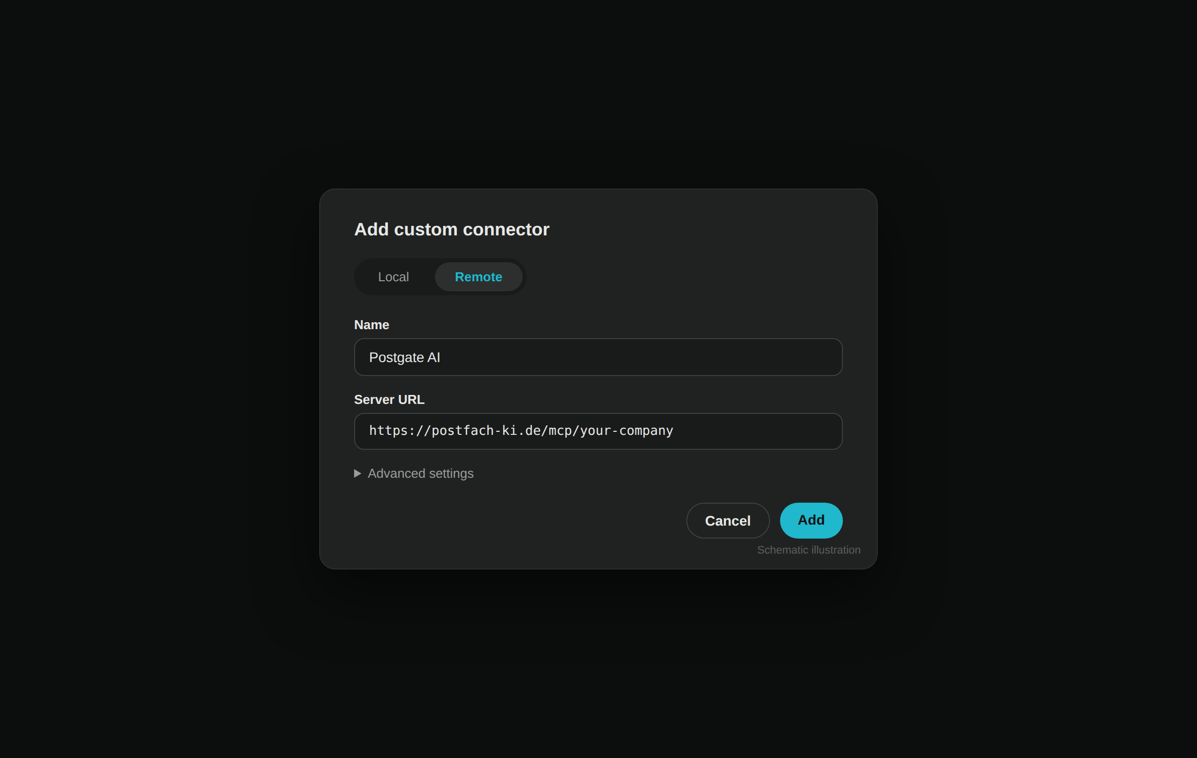 Perplexity "Add custom connector" dialog with Remote tab and server URL filled in